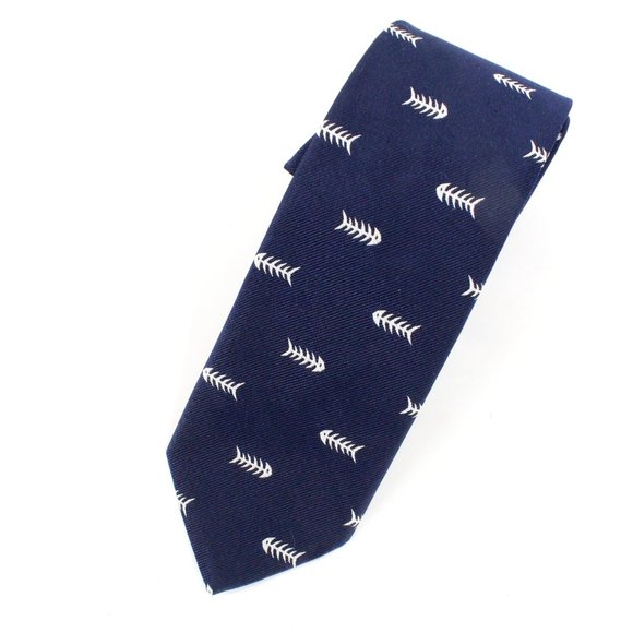 Brooks Brothers 100% Silk Tie Fish Skeleton Bones Navy Blue White Jacquard Men's - Picture 2 of 9